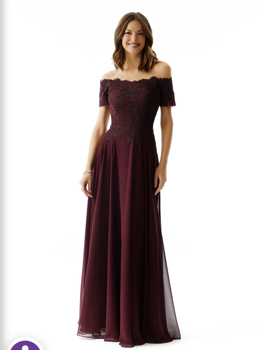 Morilee Madeline Gardner 72133 Off-Shoulder Lace Bodice Evening Dress in Bordeau